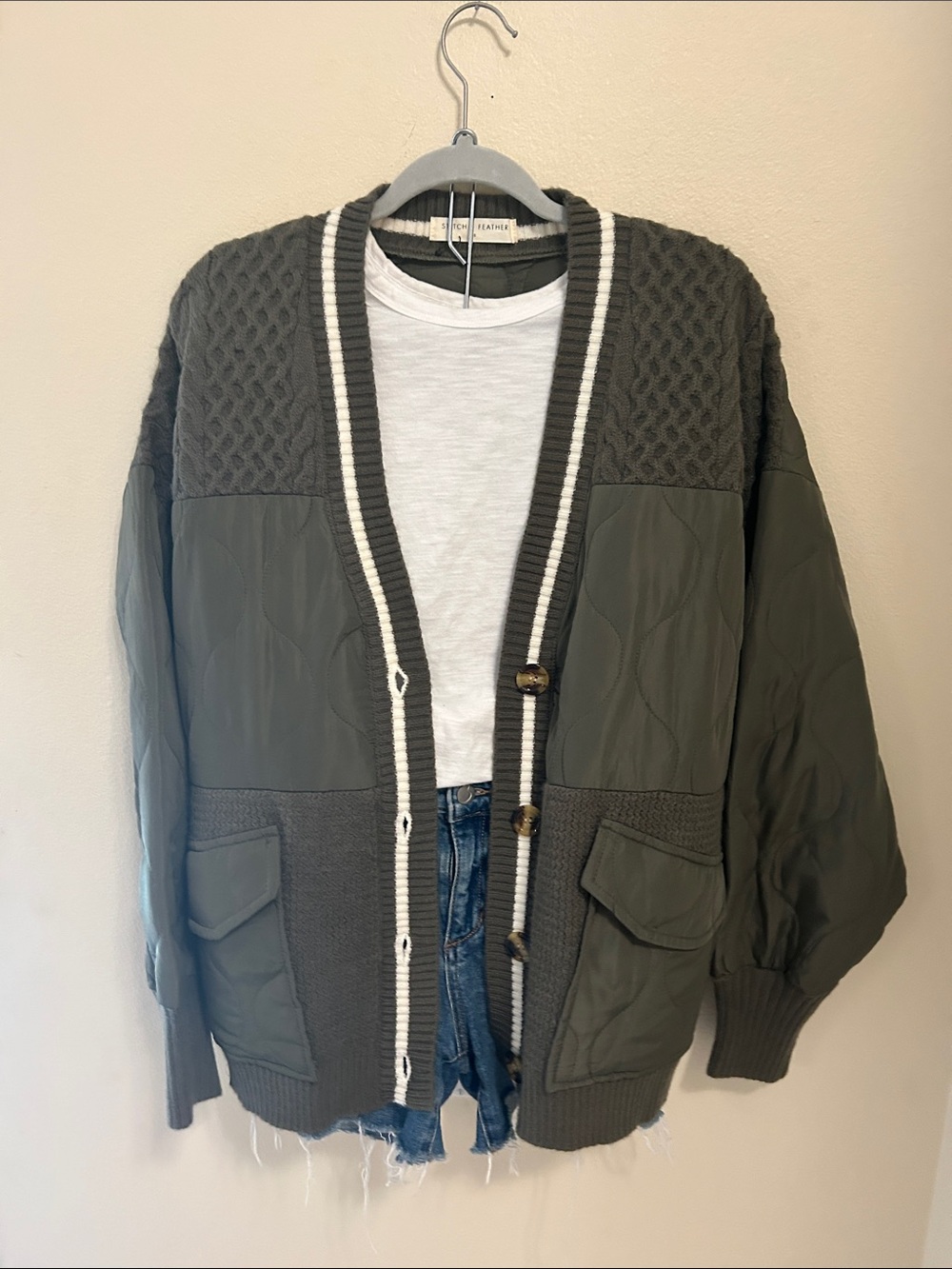 Stich & Feather Olive Green Mixed-Media Cardigan Jacket